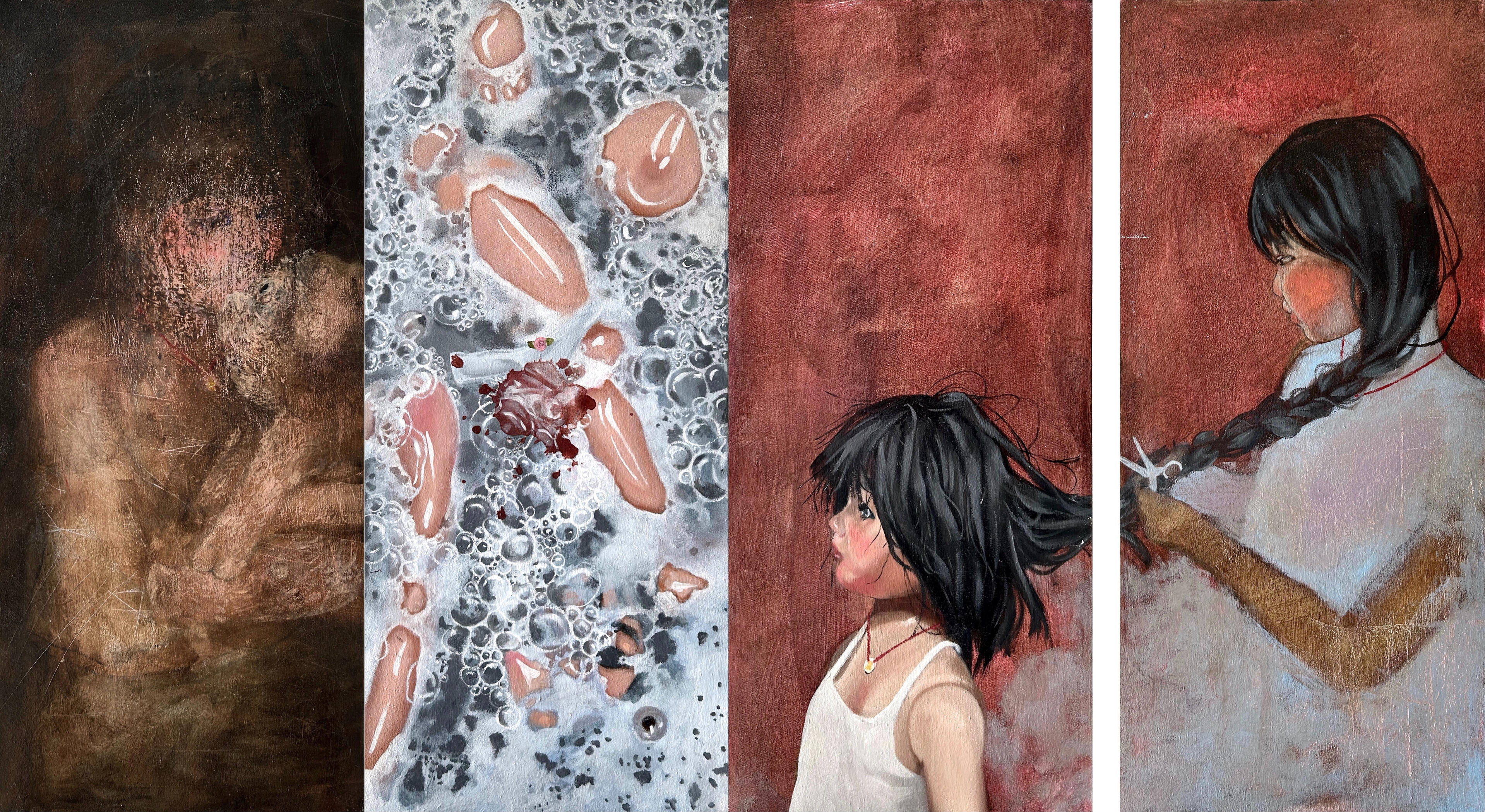 To retrieve you, 2026, acrylic and oil on canvas-mounted panel, 64 x 36 in