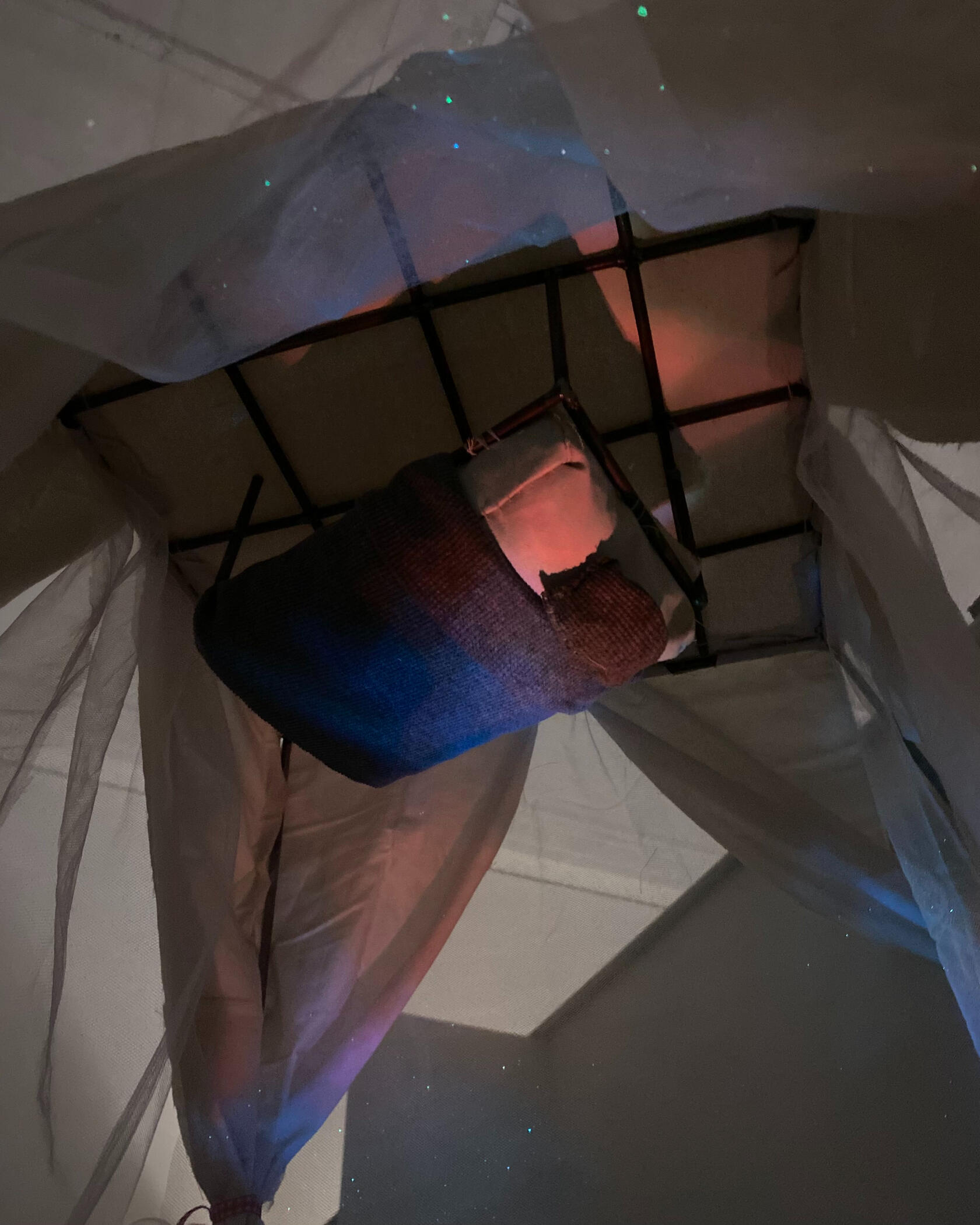 Detail 2. Where I Dream, 2025, steel, aluminum, canvas, poly-cotton, tulle, ribbon, 20 x 20 x 30 in