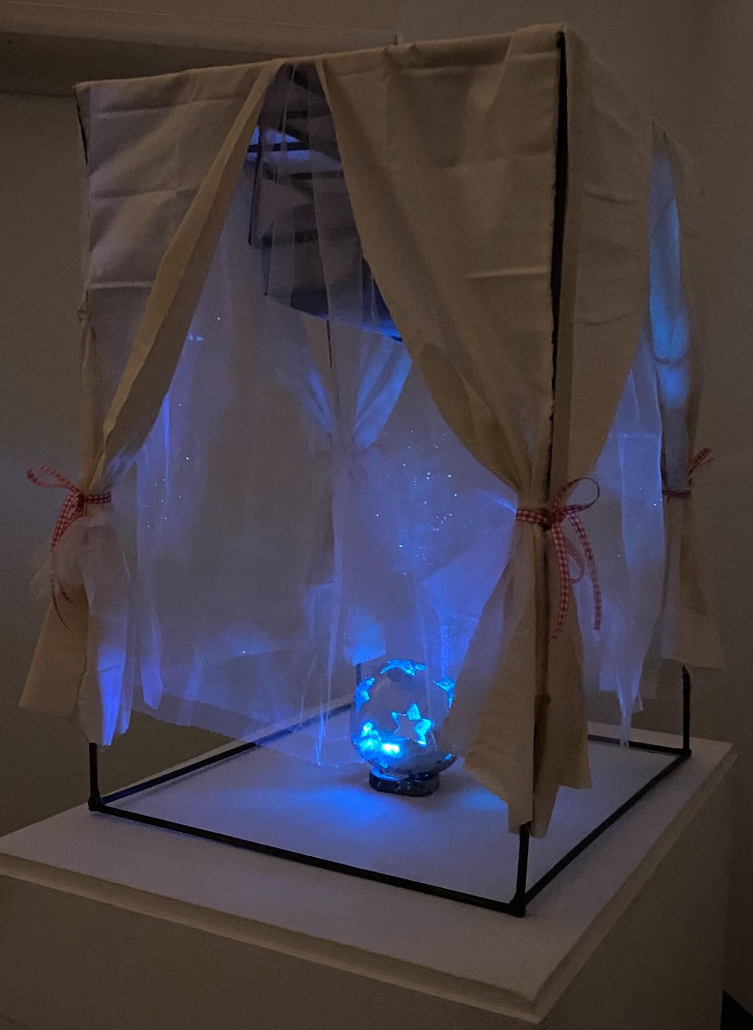 Where I Dream, 2025, steel, aluminum, canvas, poly-cotton, tulle, ribbon 20 x 20 x 30 in