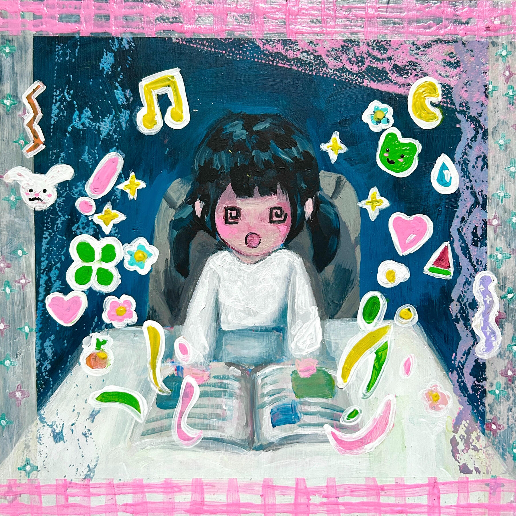 Me time yipeee, 2025, acrylic on panel, 9 x 9 in