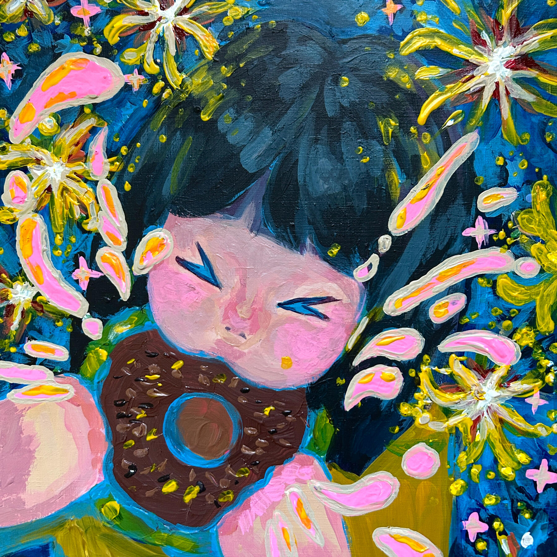 Yummy :3, 2025, acrylic on panel, 9 x 9 in