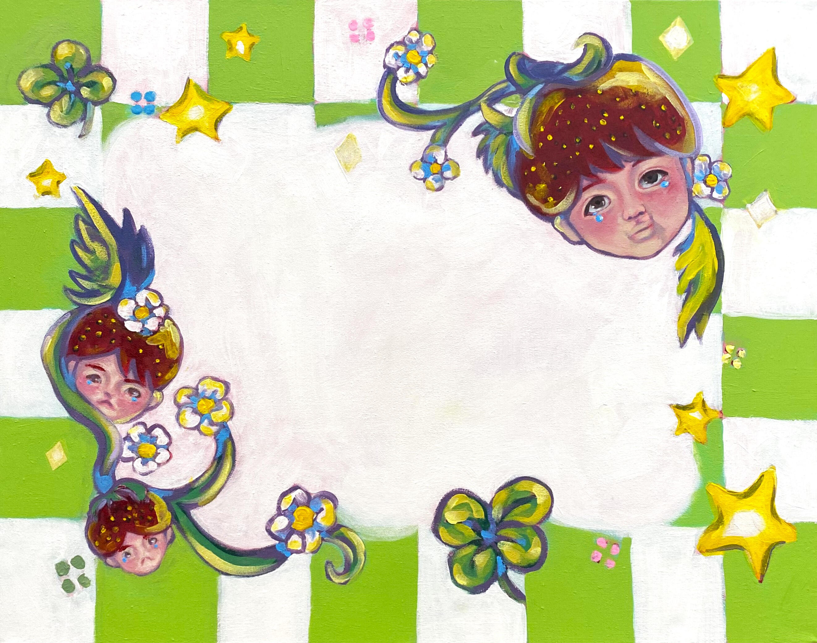 Strawberry Girls Memo Pad, 2025, acrylic on canvas, 25.25 x 32.5 in