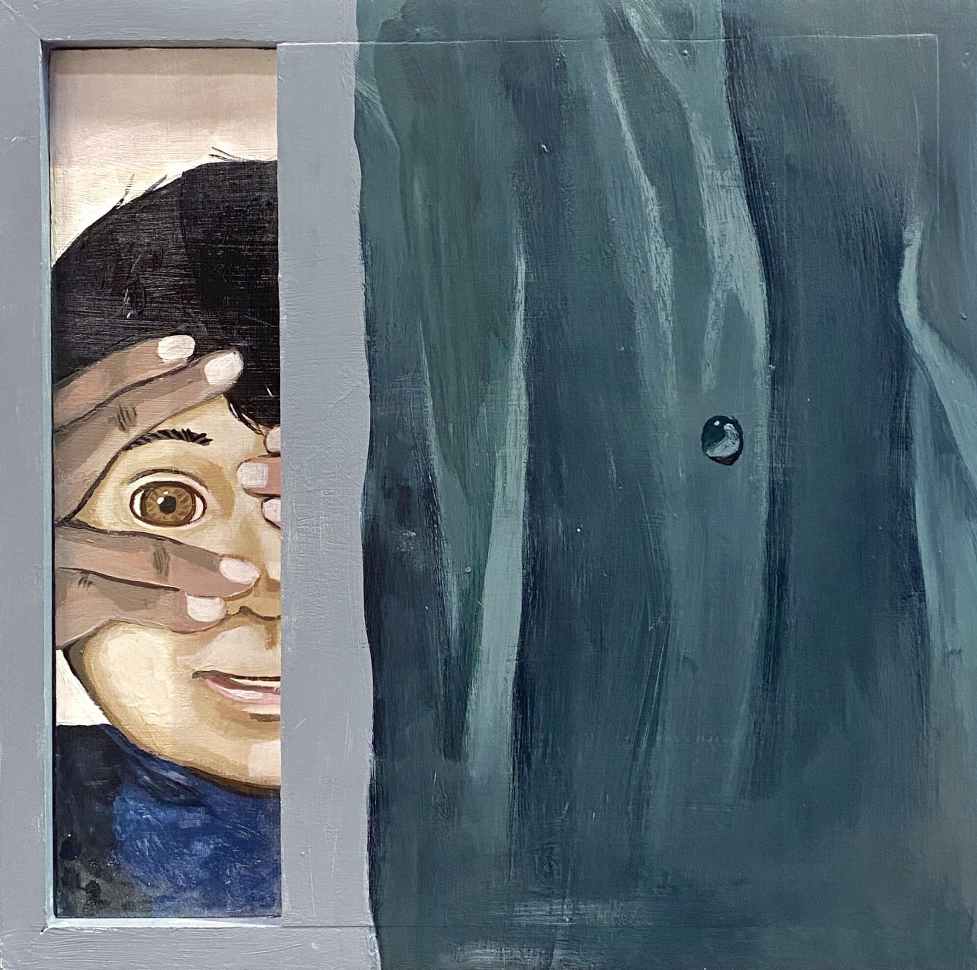 Lurking Boy and His Mom, 2024, acrylic on panel, 15.25 x 15.25 x 2.5 in